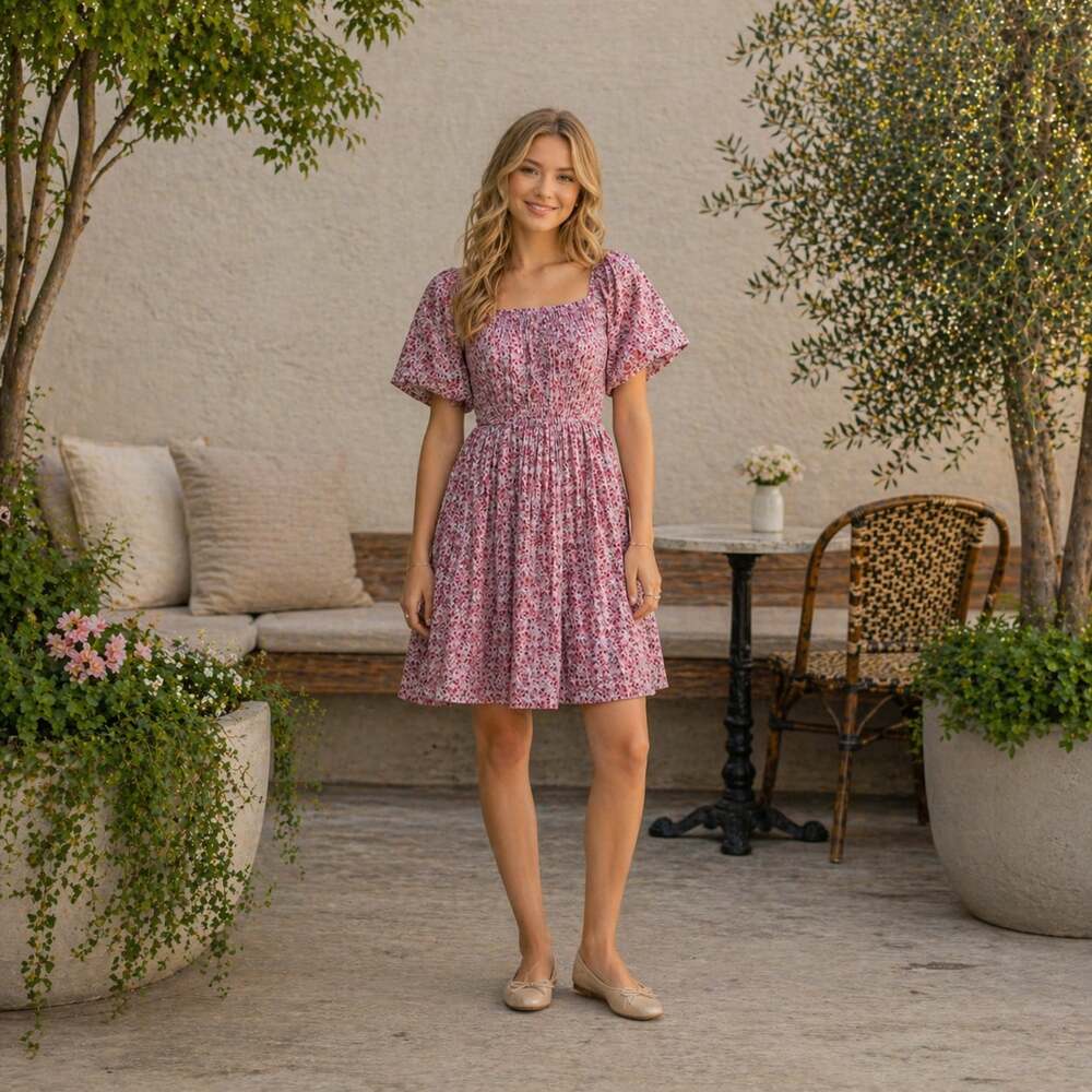 Hayden Girls Pink Floral Pleated Dress Square Neck Cottagecore XL